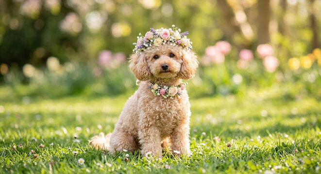 Cute Poodle Wearing Flower Garland in Sunny Garden