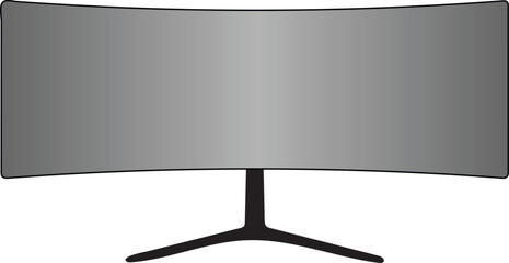 A wide curved computer monitor screen stands on a sleek black metal stand in this high quality studio product photograph © PNG store