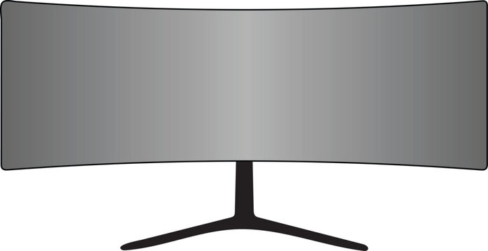 A wide curved computer monitor screen stands on a sleek black metal stand in this high quality studio product photograph