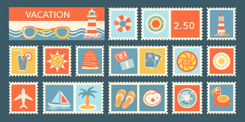 Collection of colorful travel themed postage stamps with vacation icons and bright backgrounds high quality © Apurba