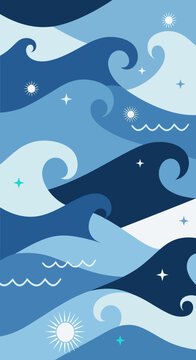 Stylized Ocean Waves Illustration with Varying Shades of Blue.