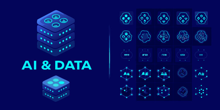 abstract data stack illustration with glowing icons and text on a dark blue background