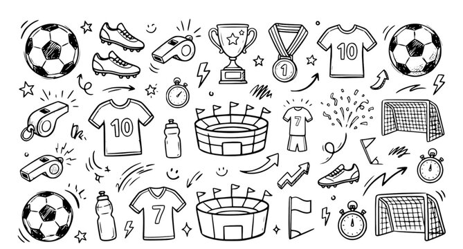 Hand drawn football themed doodle illustration set with sports icons and playful sketch elements vector collection