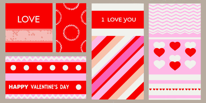 Valentine s day themed patterned backgrounds with hearts and text in pink and red