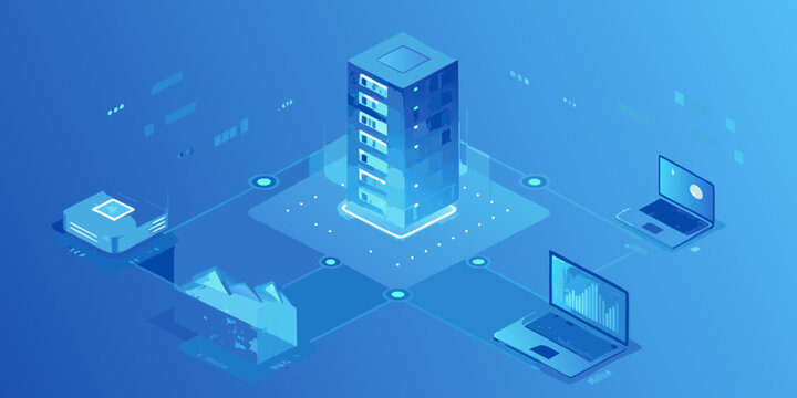 isometric server tower with connected laptops and data visualization illustration in blue tones high quality