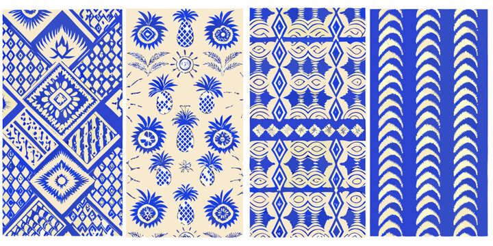 Seamless retro patterns with pineapple and geometric motifs in blue and cream high quality professional
