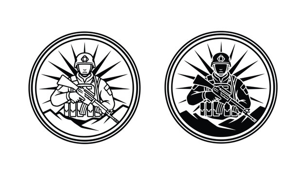 Soldier in tactical gear with rifle standing in front of mountain range circular emblem for military or security branding