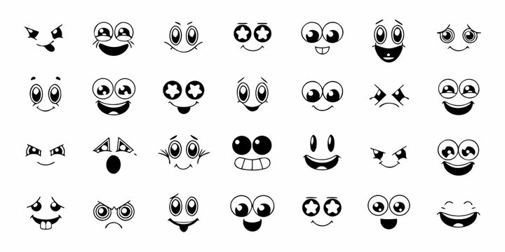 Collection of black and white cartoon face expressions stylized vintage animation eyes and mouths