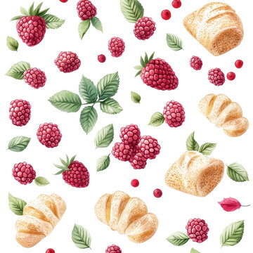 Watercolor seamless pattern of raspberry brioche on a white background, artistic and detailed. PNG