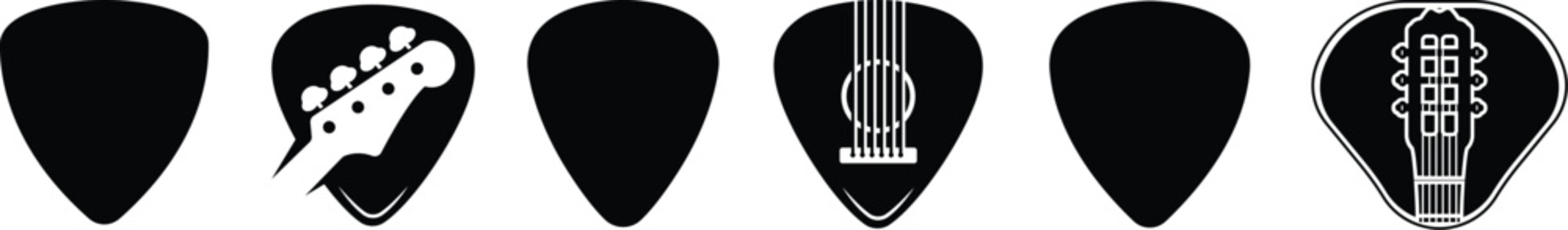 Hand drawn guitar picks icon set, black solid pick in simple design, isolated on transparent background, Music Symbol Emblem simple shape silhouette. mockup template used for mobile apps, logo design.