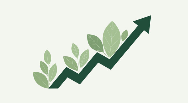 Green arrow with leaves growing up symbolizing eco friendly growth and sustainability in business and finance