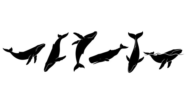 dolphin silhouettes in side view, solid black shapes, each in different poses such as swimming.