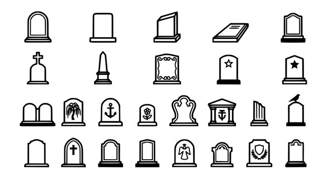 A clean flat vector illustration set of tombstone and grave icons displayed in a balanced grid on a solid white background. The collection includes different tombstone shapes, RIP grave markers, cemet