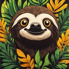 Fototapeta premium A sloth illustrated with a textured pattern, showcasing rich, tactile details for a warm and immersive look.