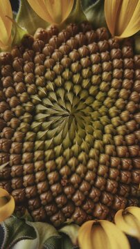 Sunflower seeds ripening, forming an intricate natural pattern following a fibonacci spiral, framed by soft yellow petals.