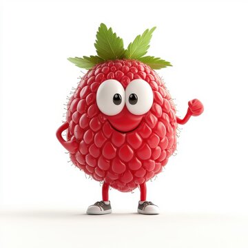 3D cartoon character raspberry, isolated on a white background.