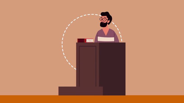 Animation of bearded man wearing glasses standing in witness box testifying in courtroom.