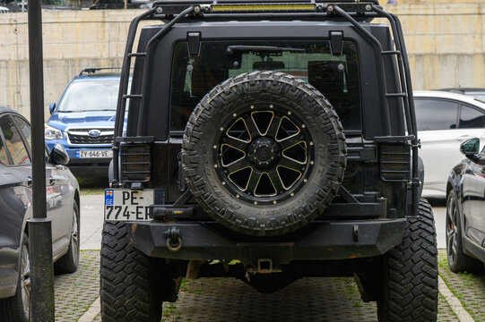 April 18, 2026, Tbilisi, Georgia Rear View of Jeep Wrangler Off-Road SUV Parked