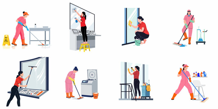 Flat vector illustration set of professional female cleaners working in commercial, industrial, and laboratory settings performing various cleaning and maintenance tasks.