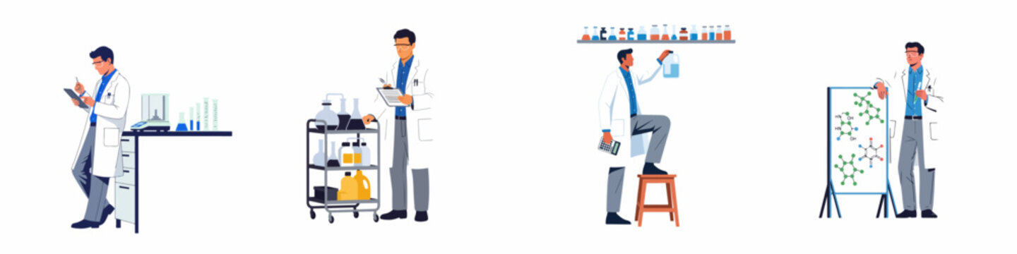 Set of male scientists in lab coats conducting research and experiments in a laboratory with various equipment and chemical formulas.