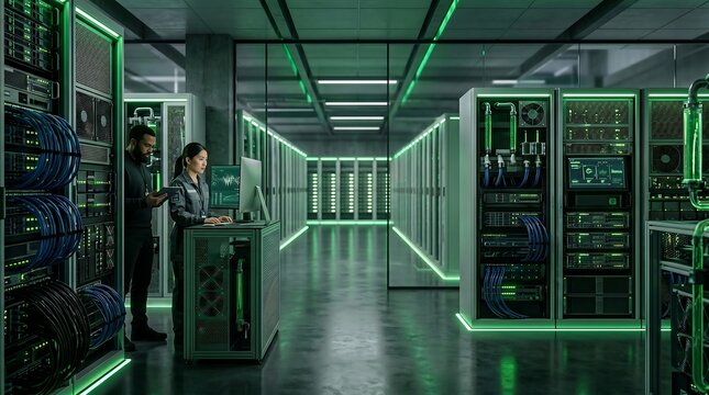Two IT professionals working in a futuristic green data center server room.