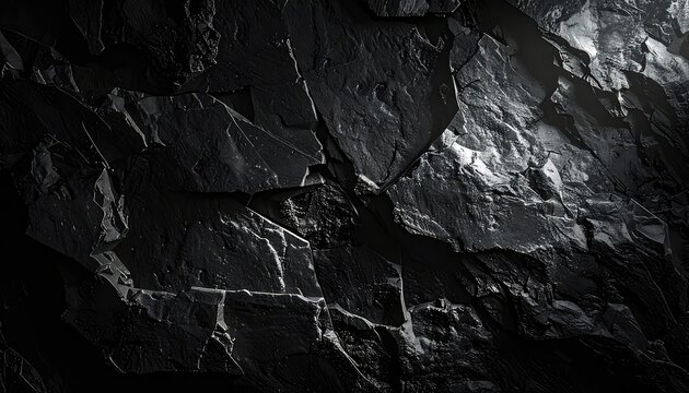 A striking close-up of dark, fractured rock with sharp, illuminated edges creating a dramatic abstract texture.