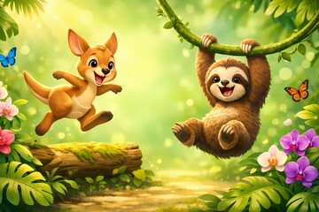Obraz premium Beautiful high resolution digital image showing a cute kangaroo and sloth playing in the jungle and it is perfectly suitable for creative graphic design projects and modern web backgrounds