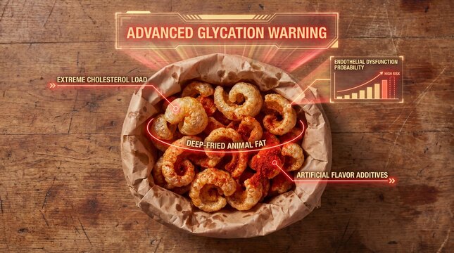Deep fried pork rinds in paper bag with health warning labels