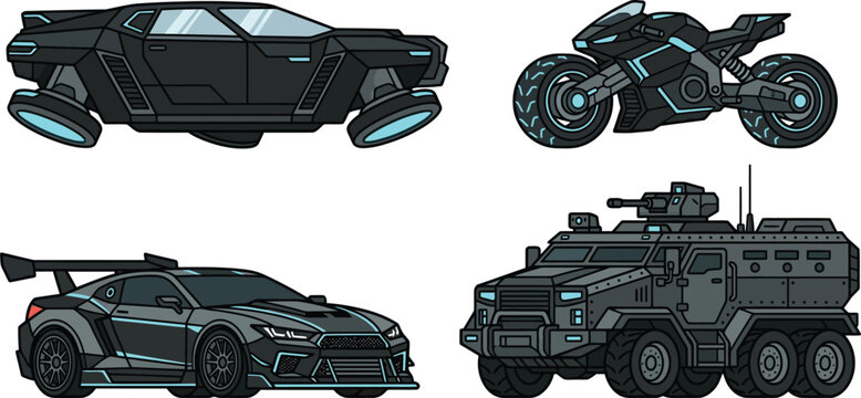 Futuristic vehicles collection including a hovercar sports car motorcycle and armored truck flat vector illustration for sci-fi concepts