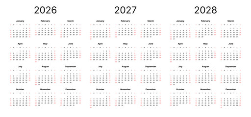 Fototapeta premium Modern 2026, 2027 and 2028 calendar template, 12 months on one page, Sunday start.
