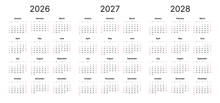 Modern 2026, 2027 and 2028 calendar template, 12 months on one page, Sunday start.
