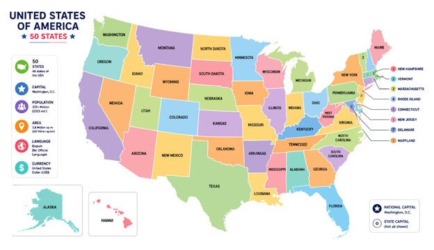 Colorful map of the united states of america with clearly labeled state names and detailed geographical information displayed in a vibrant flat style on transparent background