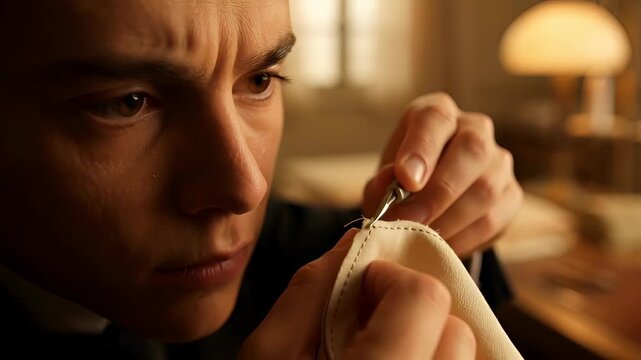 Close-up of a person meticulously sewing with a needle and thread, focusing intently on the fabric