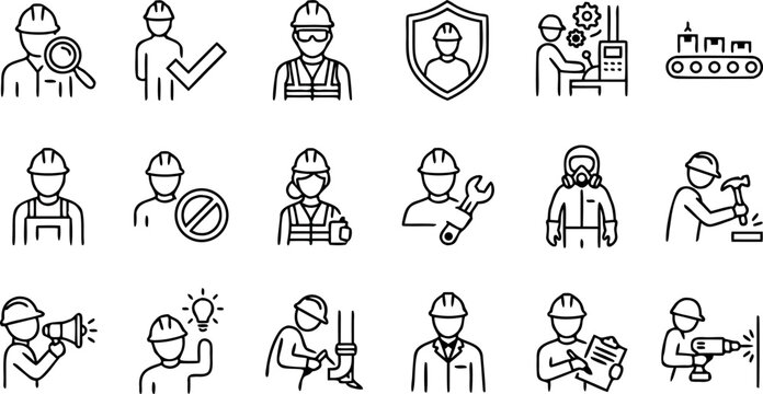Collection of linear icons representing construction workers industrial safety manufacturing maintenance and professional engineering service concepts.
