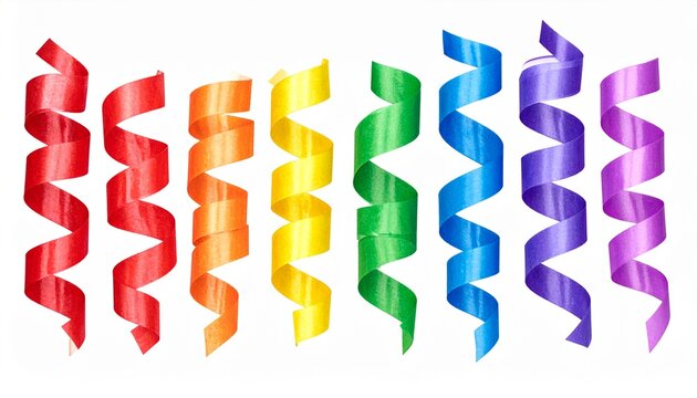 Colorful birthday streamers curled composition, isolated on pure white background, vibrant realistic colors