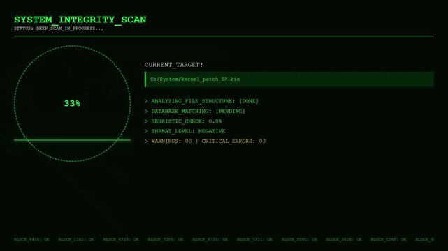 System Integrity Scan Progress Interface with Green Digital HUD and Cybersecurity Data Analysis.