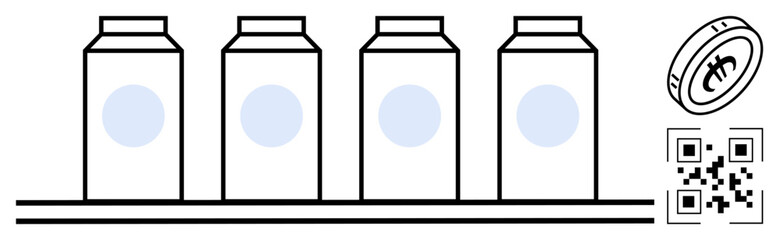 Naklejka na ściany i meble Supply chain traceability, blockchain integration, digital payments, product authentication, modern commerce, inventory management. Row of product packages, digital coin QR code. Supply chain
