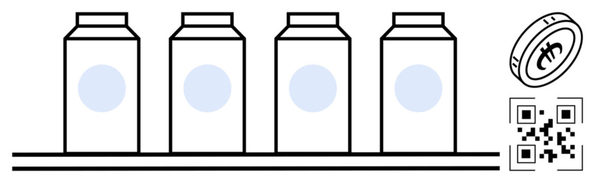 Supply chain traceability, blockchain integration, digital payments, product authentication, modern commerce, inventory management. Row of product packages, digital coin QR code. Supply chain