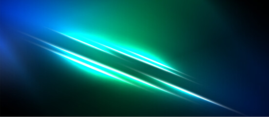 Abstract background features vibrant blue, green light streaks. Diagonal lines create dynamic visual effect. Dark areas contrast bright illumination. © antishock