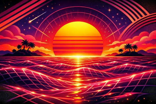 Beautiful high resolution digital image showing retrowave neon wireframe ocean and bright sunset and it is perfectly suitable for creative graphic design projects and modern web backgrounds