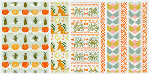 Seamless tropical pattern with pineapples palm trees and cheetahs in pastel colors vector illustration © Ranajit