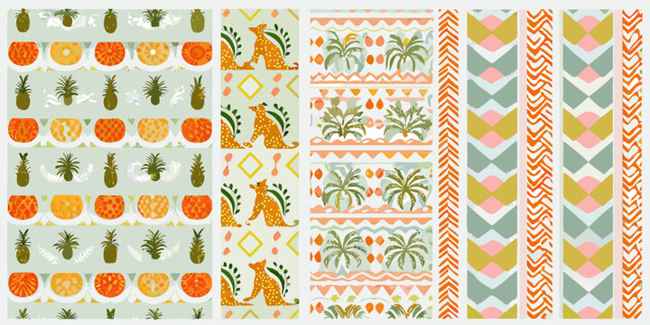 Seamless tropical pattern with pineapples palm trees and cheetahs in pastel colors vector illustration