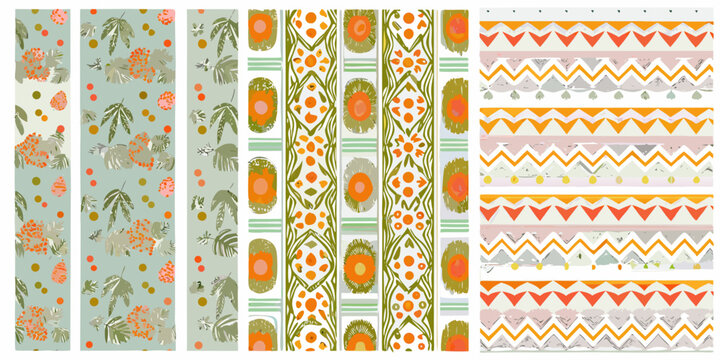 Floral and geometric seamless pattern set in pastel orange green and gray tones high quality