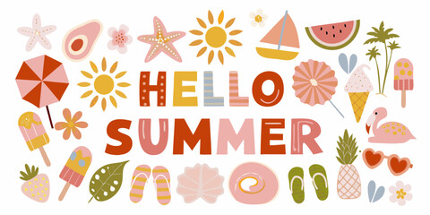 Hello summer banner with playful icons sun watermelon beach umbrella and tropical leaves high quality © Ranajit