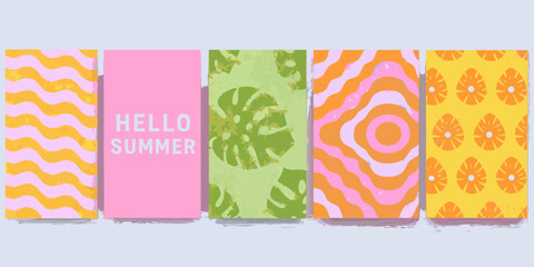 Obraz premium Five vertical greeting cards with colorful summer patterns and a hello summer message high quality