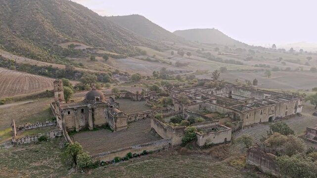 Drone flying over ex hacienda caxcantla ruins
