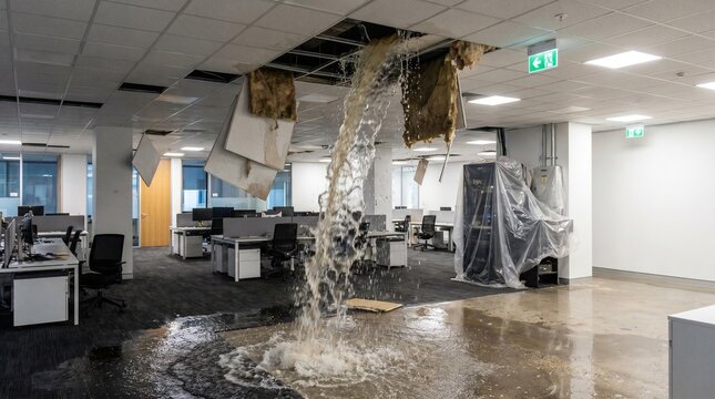 Severe water leak pouring from collapsed ceiling in a modern office, interior flood disaster and property damage.