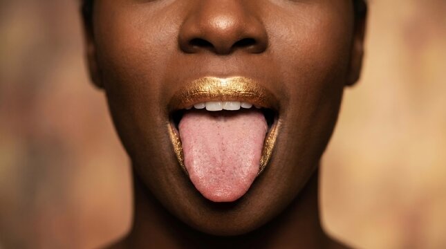  Close-up of dark skin face with metallic gold lipstick and sticking out tongue covered in golden glitter, extravagant beauty makeup concept