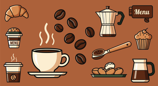 Cute coffee shop items and drinks flat illustration Vector