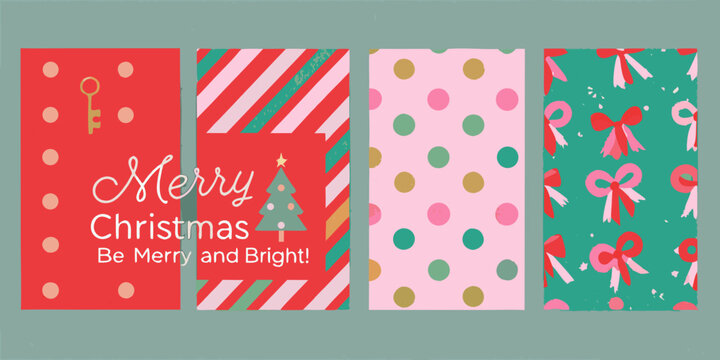 Festive christmas pattern set with keys polka dots ribbons and calligraphy on colorful backgrounds